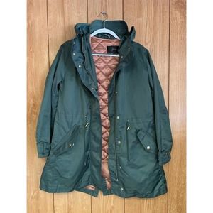 J Crew winter coat size small green satin lined hooded zipper missing as is